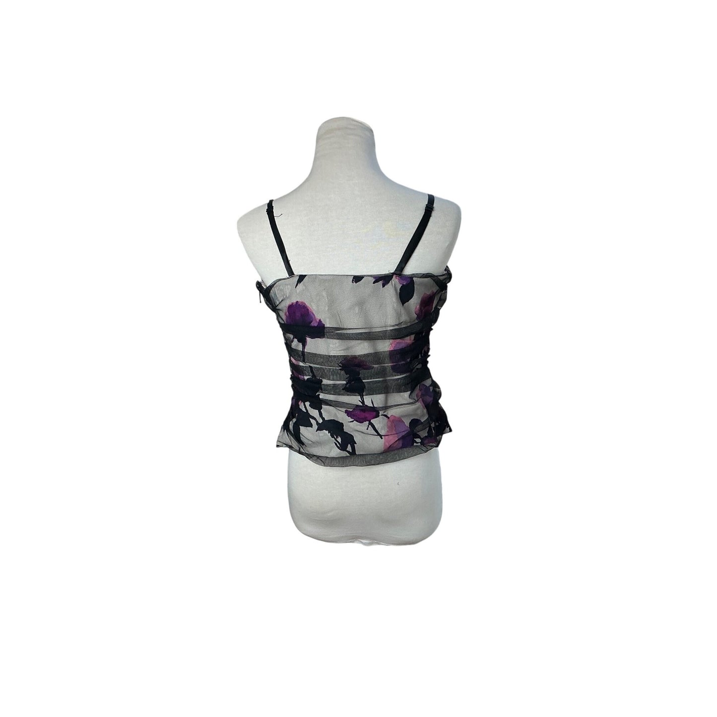 White House Black Market Sheer Floral Mesh Ruched Cami Top Y2K Black Purple Sz 8