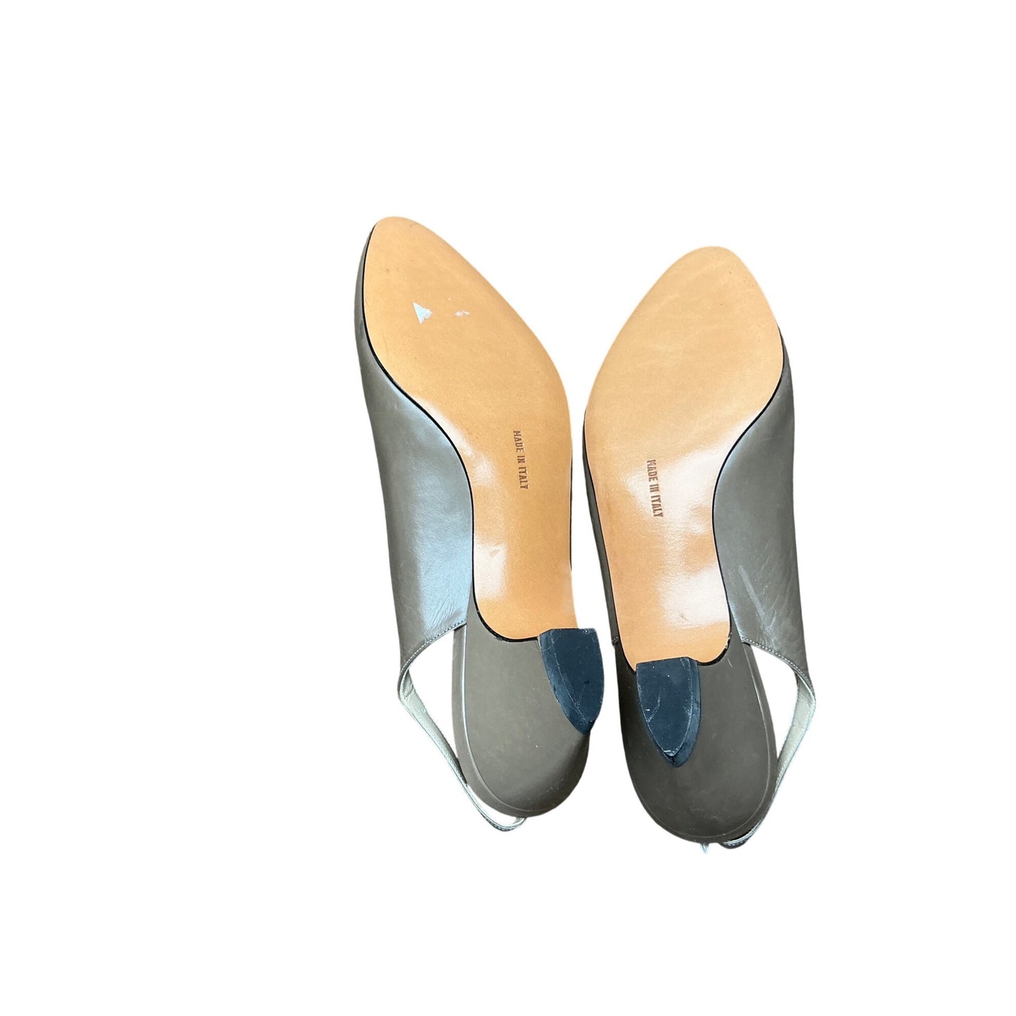 Salvatore Ferragamo Taupe Leather Slingback Heels Gold Medallion Pointed Toe Z 6.5 B NWOT