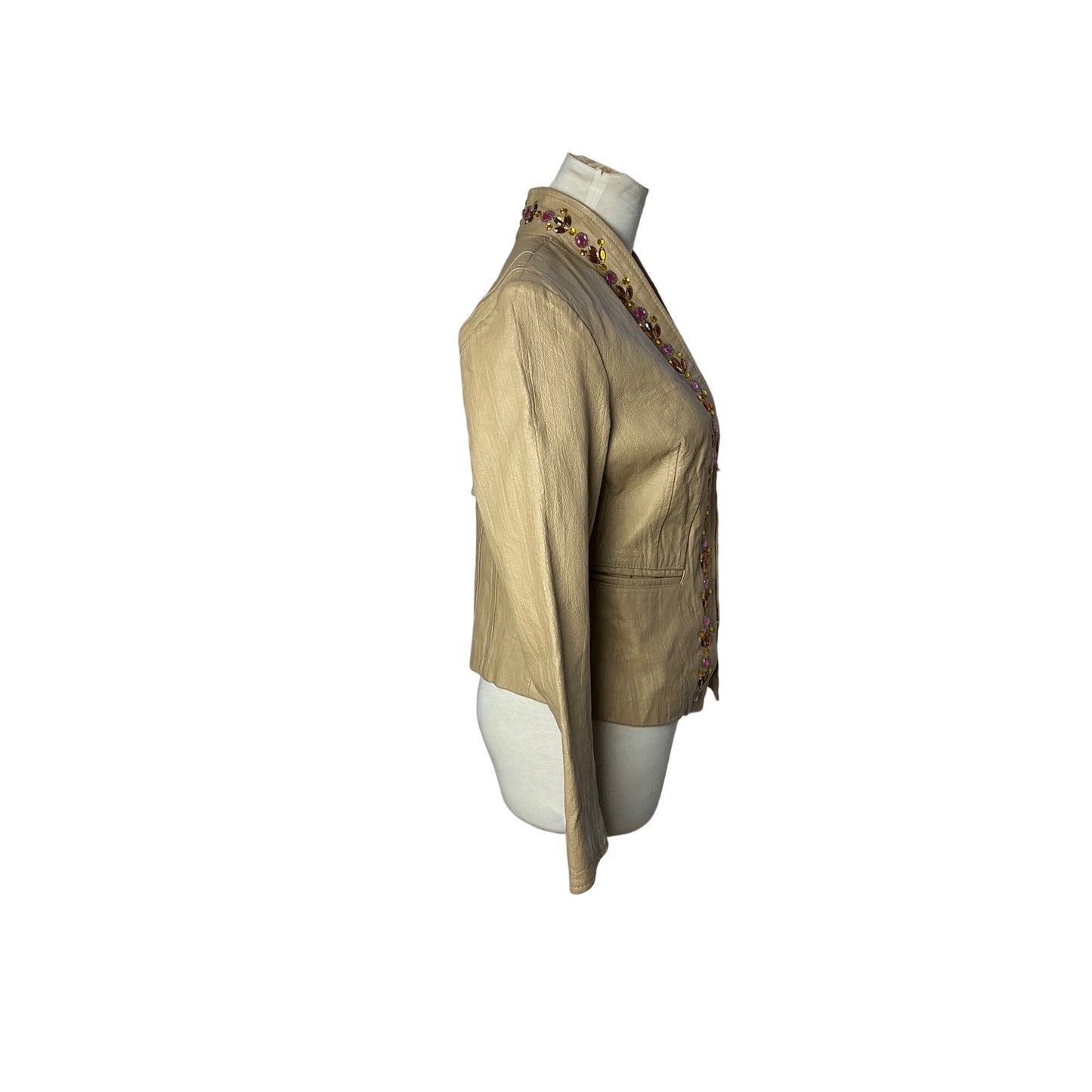 Venus Tan Embellished Linen Blend Open Front Jacket Beaded Floral Trim Women’s Size S