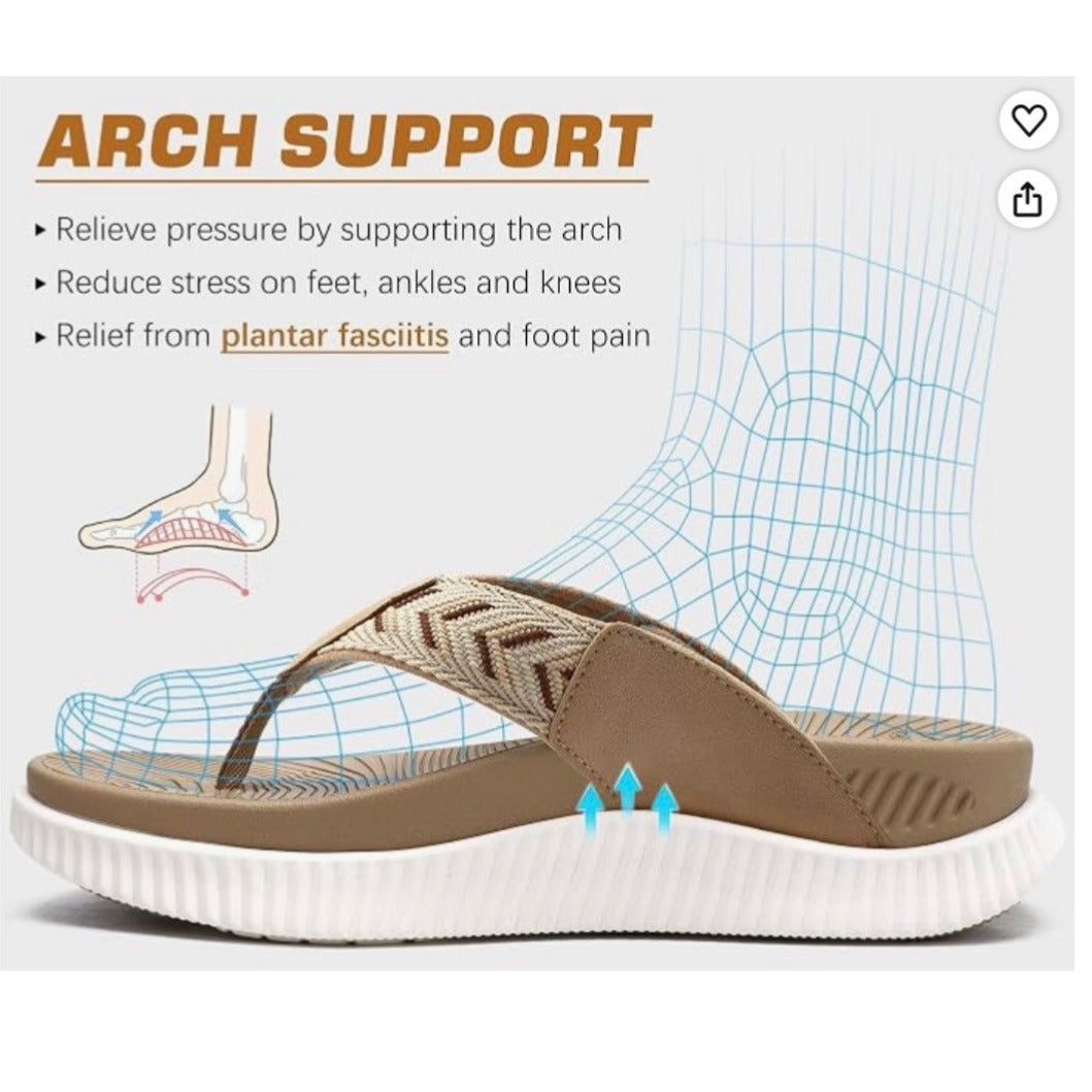KuaiLu Women’s Orthopedic Arch Support Flip Flop Sandals Beige Tan Size 7