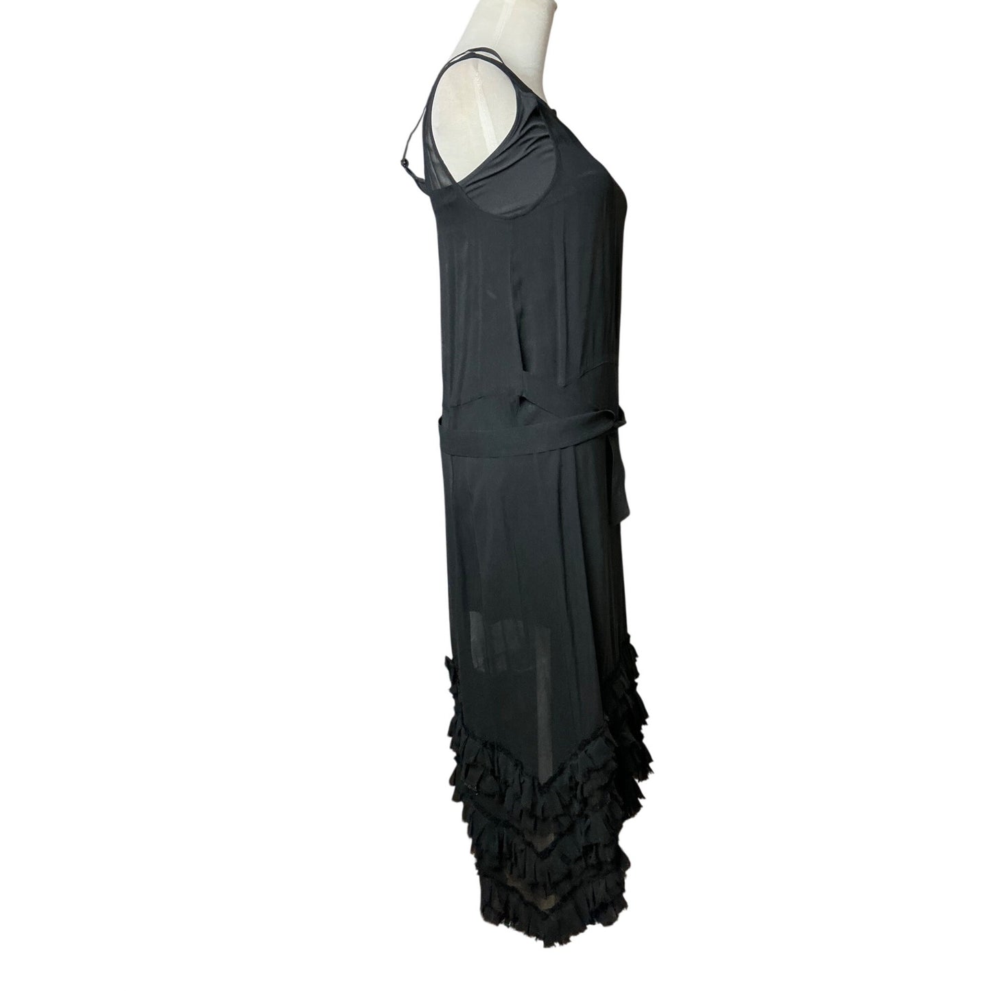 AllSaints Black Sheer Silk Ruffle Hem Midi Dress Slip Layered Boho Gothic Sz 0