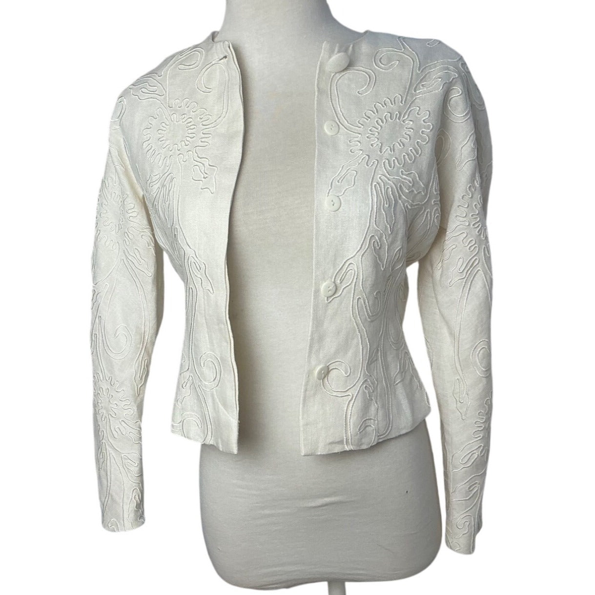 Carmen Marc Valvo White Embroidered Soutache Cropped Jacket Blazer Size 2