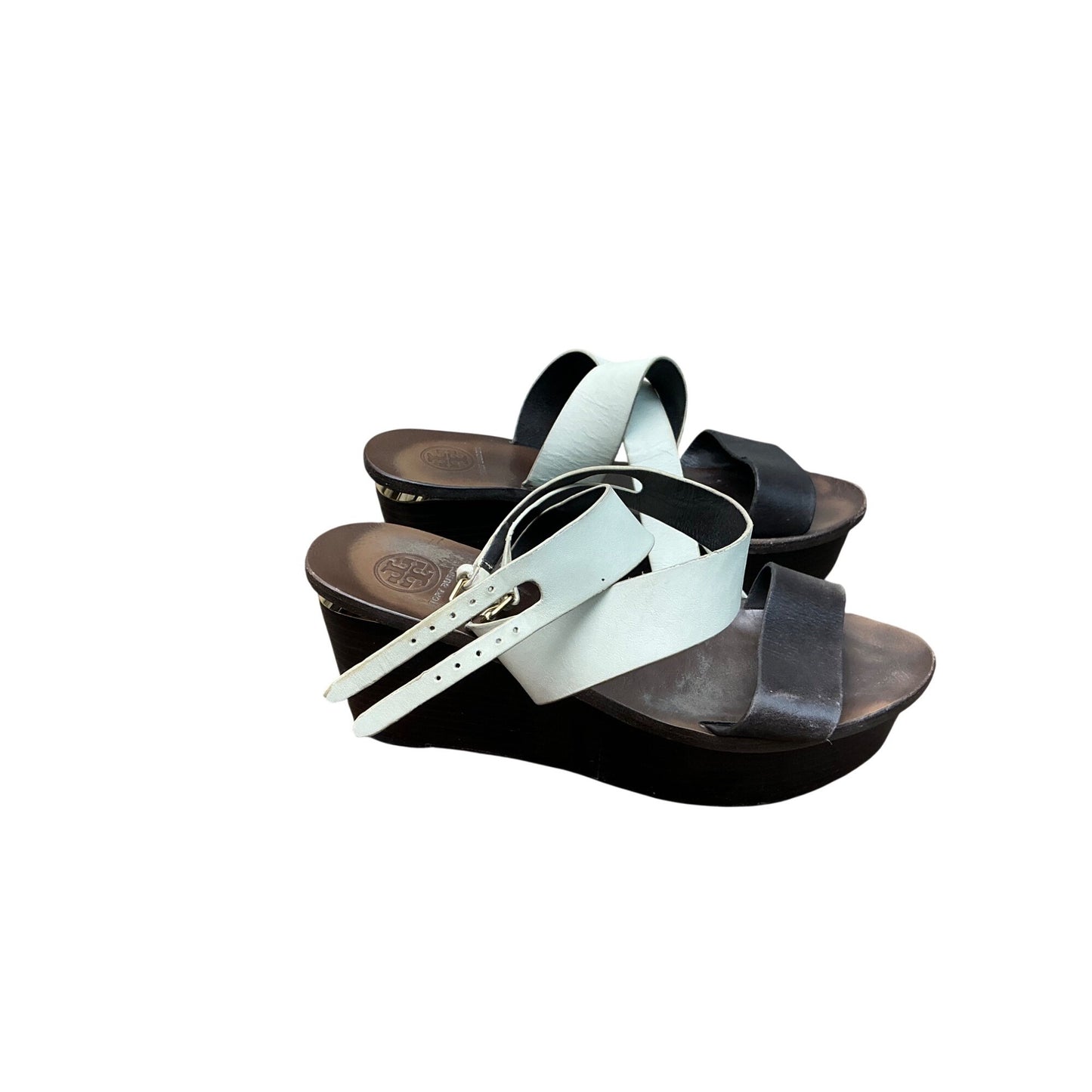Tory Burch Leather Wedge Sandals Brown White Strappy Platform Minimal Sz 7M