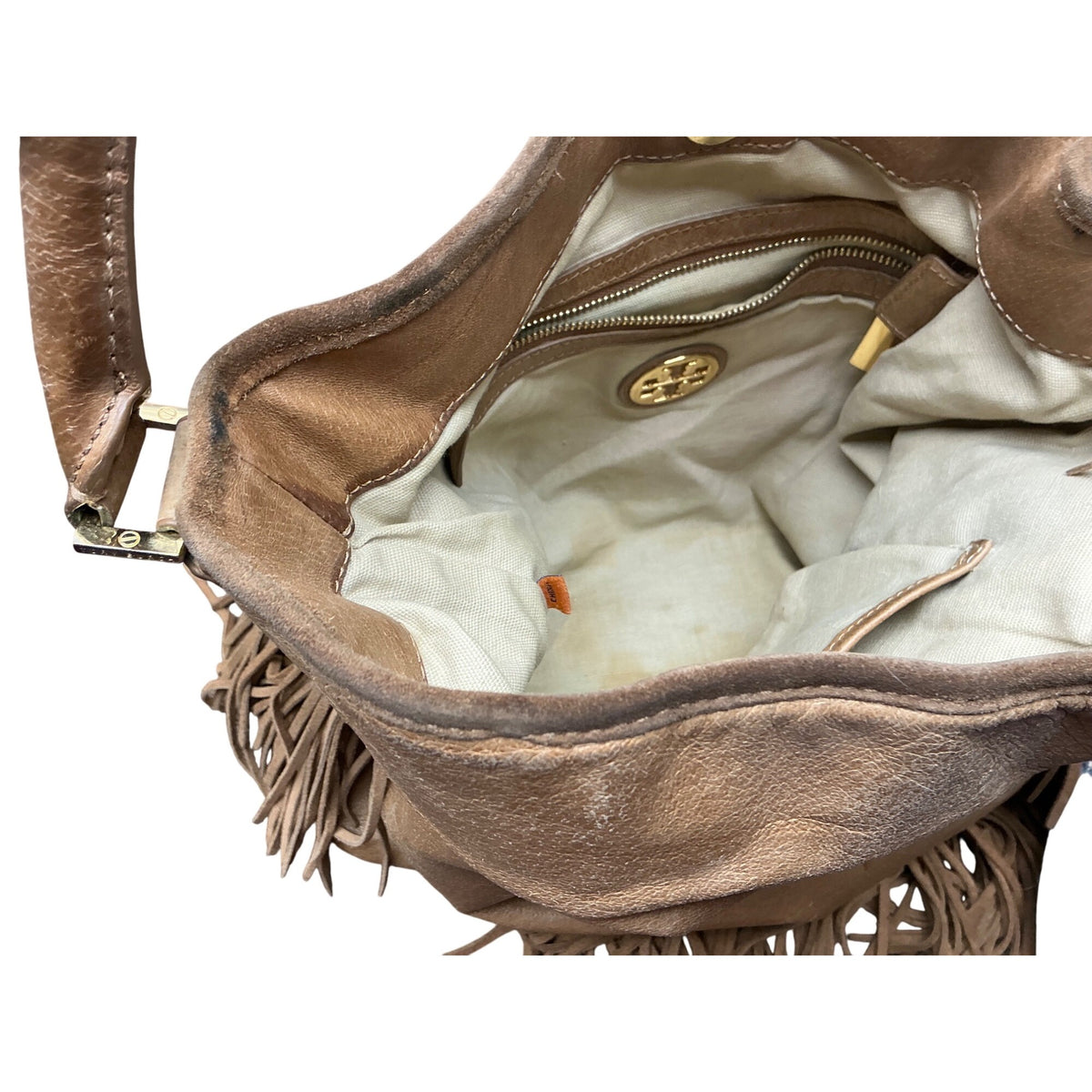 Tory Burch Metallic Taupe Fringe Hobo Shoulder Bag Leather Handbag