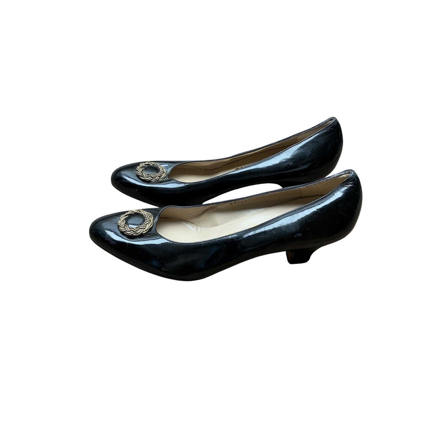 Salvatore Ferragamo Black Patent Leather Pumps Gold Medallion Accent Size 8.5 AAA