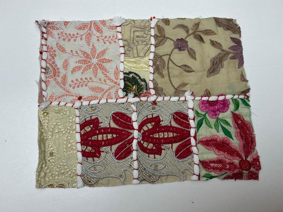 Blush neutral and silver embroidered patchwork textile panel