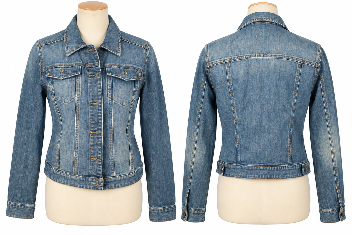 BP medium wash denim jacket size L front and back