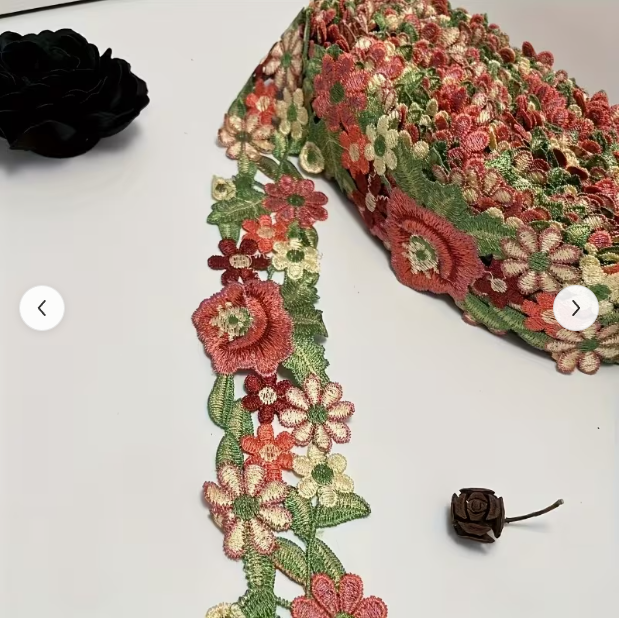 Coral and green garden floral embroidered trim