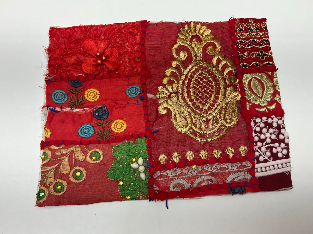 Crimson red and gold embroidered patchwork textile panel