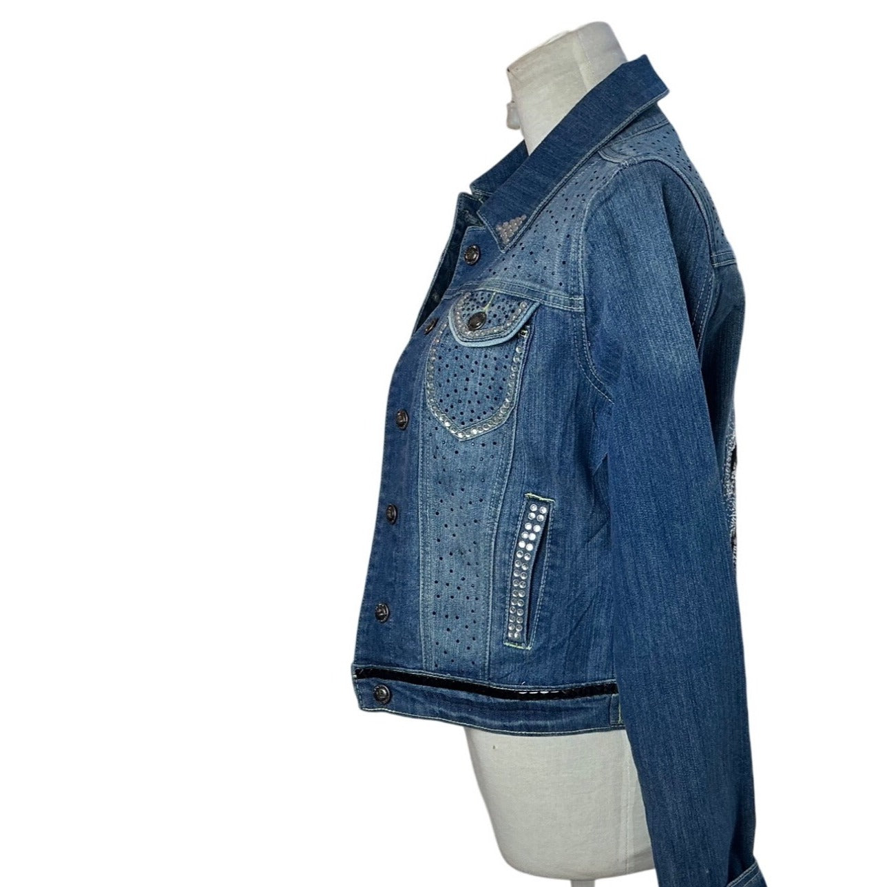 Women’s Embellished Fleur-de-Lis Denim Jacket Rhinestone Perforated Jean Jacket Size XS