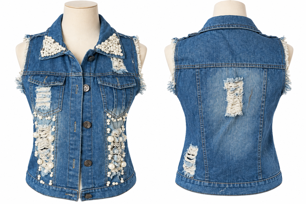 Hindi pearl embellished distressed denim vest size S/M front and back