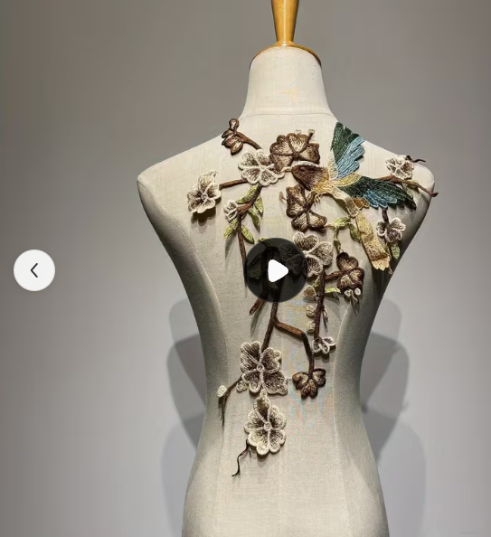 Hummingbird neutral floral branch embroidered applique