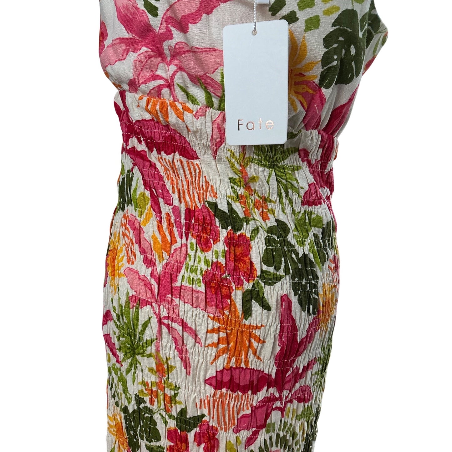 NWT FATE Tropical Floral Maxi Dress Smocked Bodice Ruffle Hem Sz S