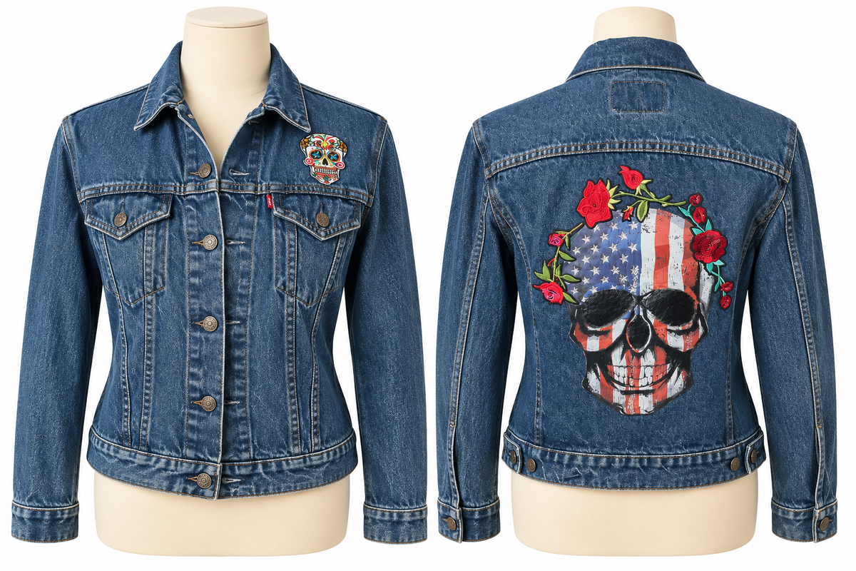 Levi’s denim jacket Size 20 with skull transfer and roses, front and back