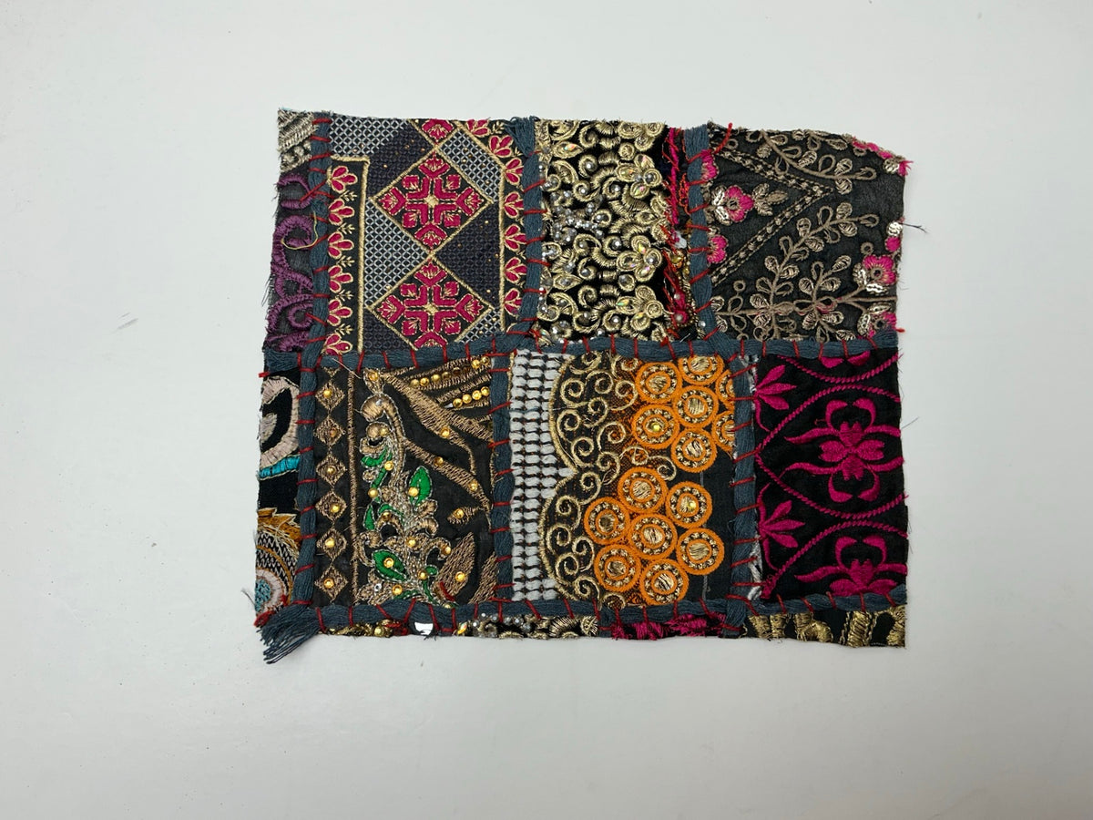 Black jewel tone embroidered patchwork textile panel