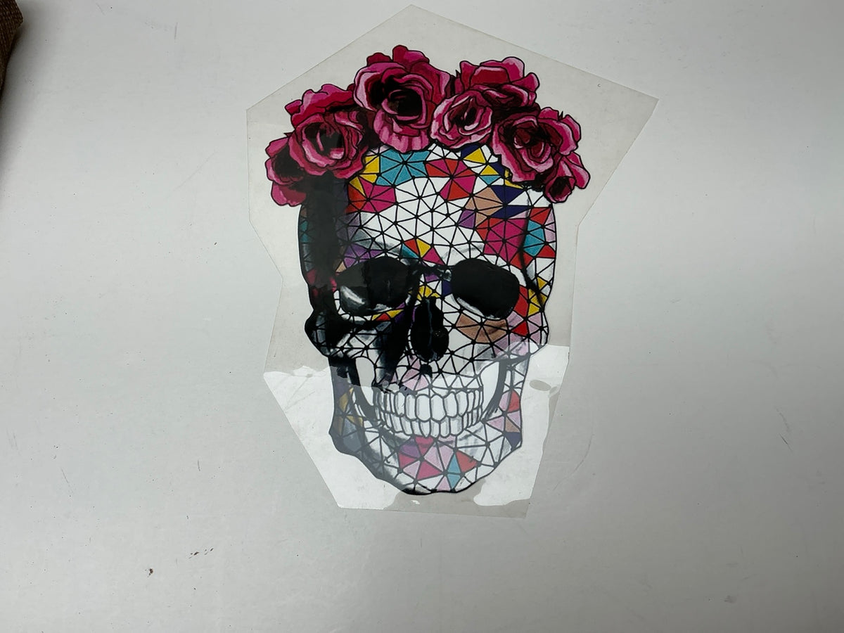 Colorful mosaic skull with pink rose crown statement embellishment