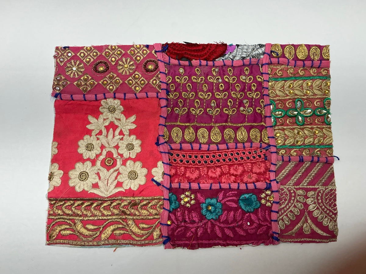 Pink and jewel tone embroidered patchwork textile panel