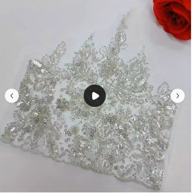 Silver sequin and beaded lace applique embellishment