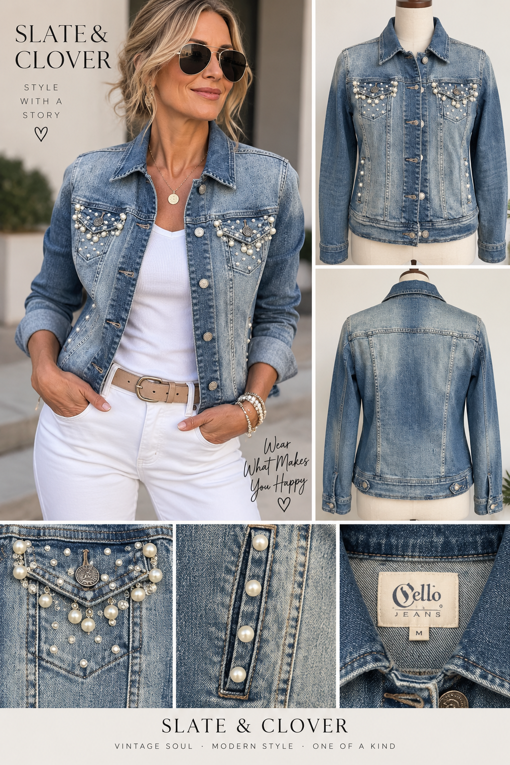 Slate & Clover pearl embellished Cello denim jacket styled lookbook