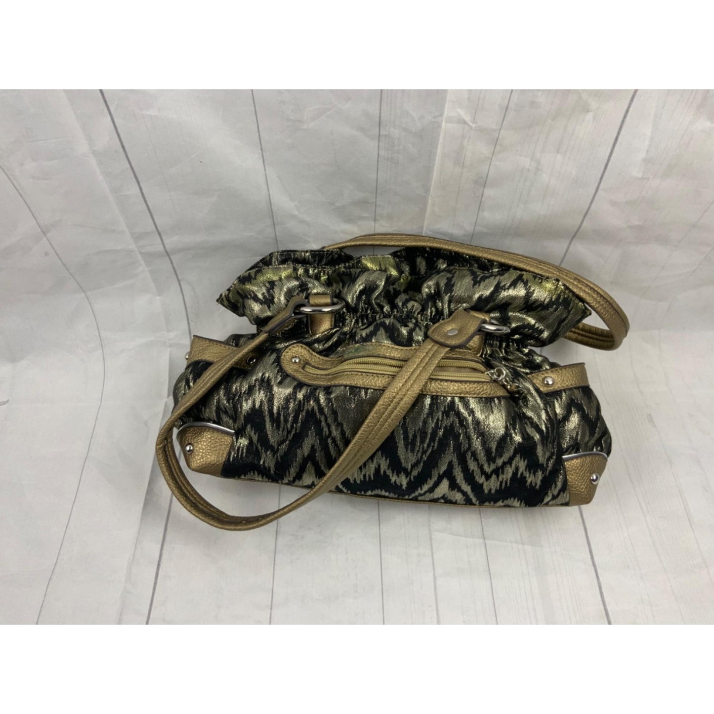 Wilsons Leather Animal Print Ruched Clutch Handbag Brown Black Buckle Accent