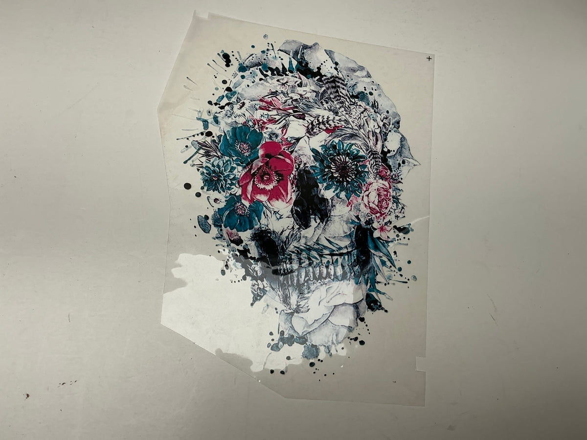 Watercolor style skull statement embellishment with teal and pink flowers