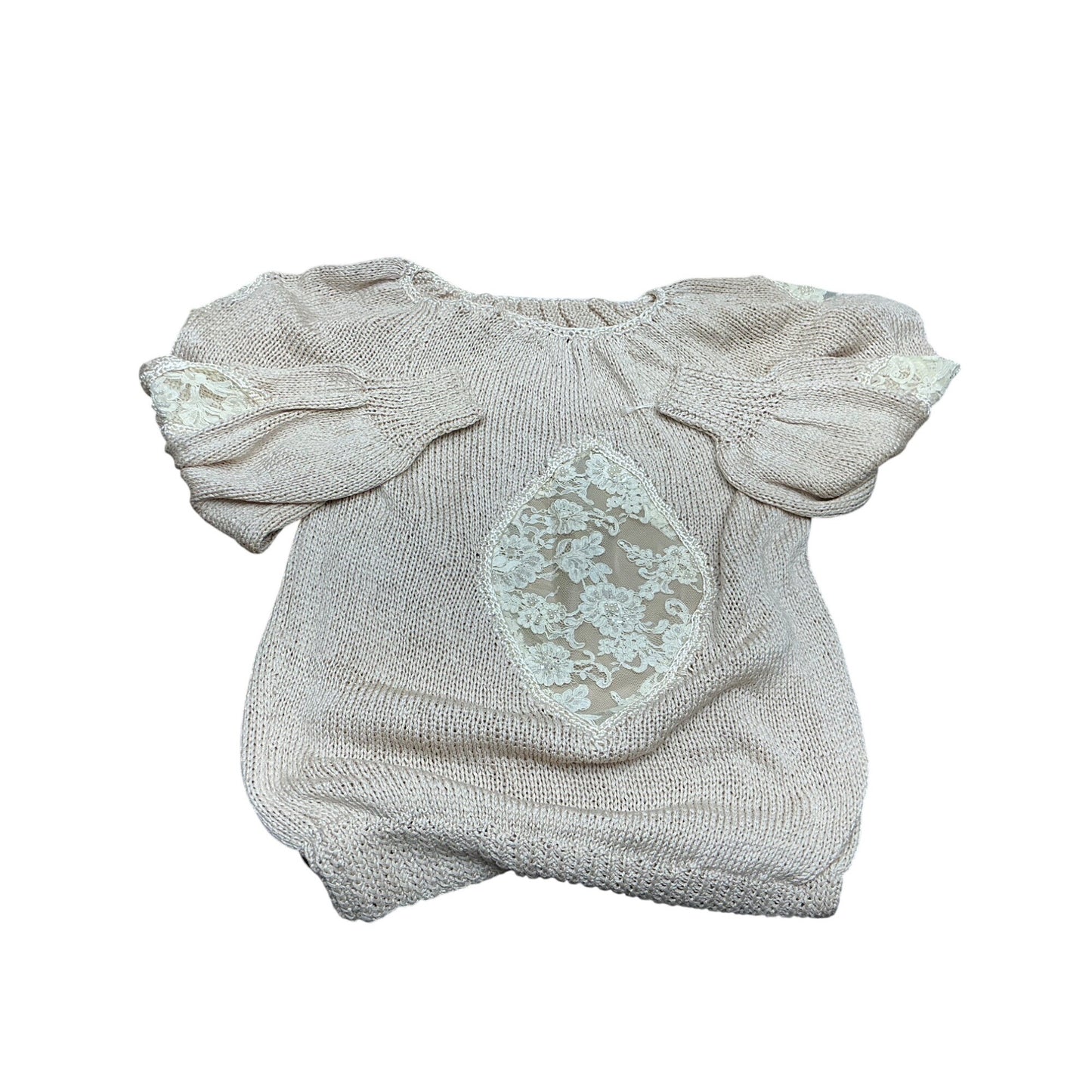 Linda Nishan Cade Knit Sweater Top Beige Lace Inset Puff Sleeve Romantic Boho Sz S