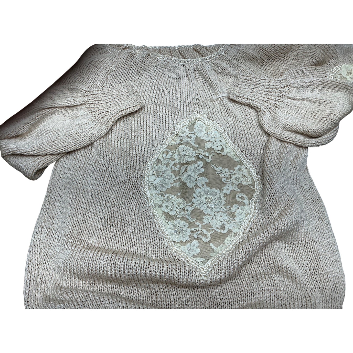 Linda Nishan Cade Knit Sweater Top Beige Lace Inset Puff Sleeve Romantic Boho Sz S