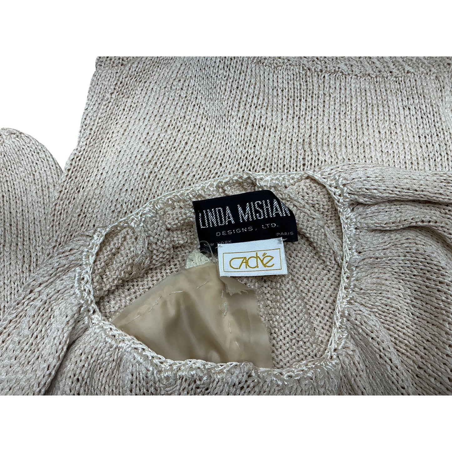 Linda Nishan Cade Knit Sweater Top Beige Lace Inset Puff Sleeve Romantic Boho Sz S