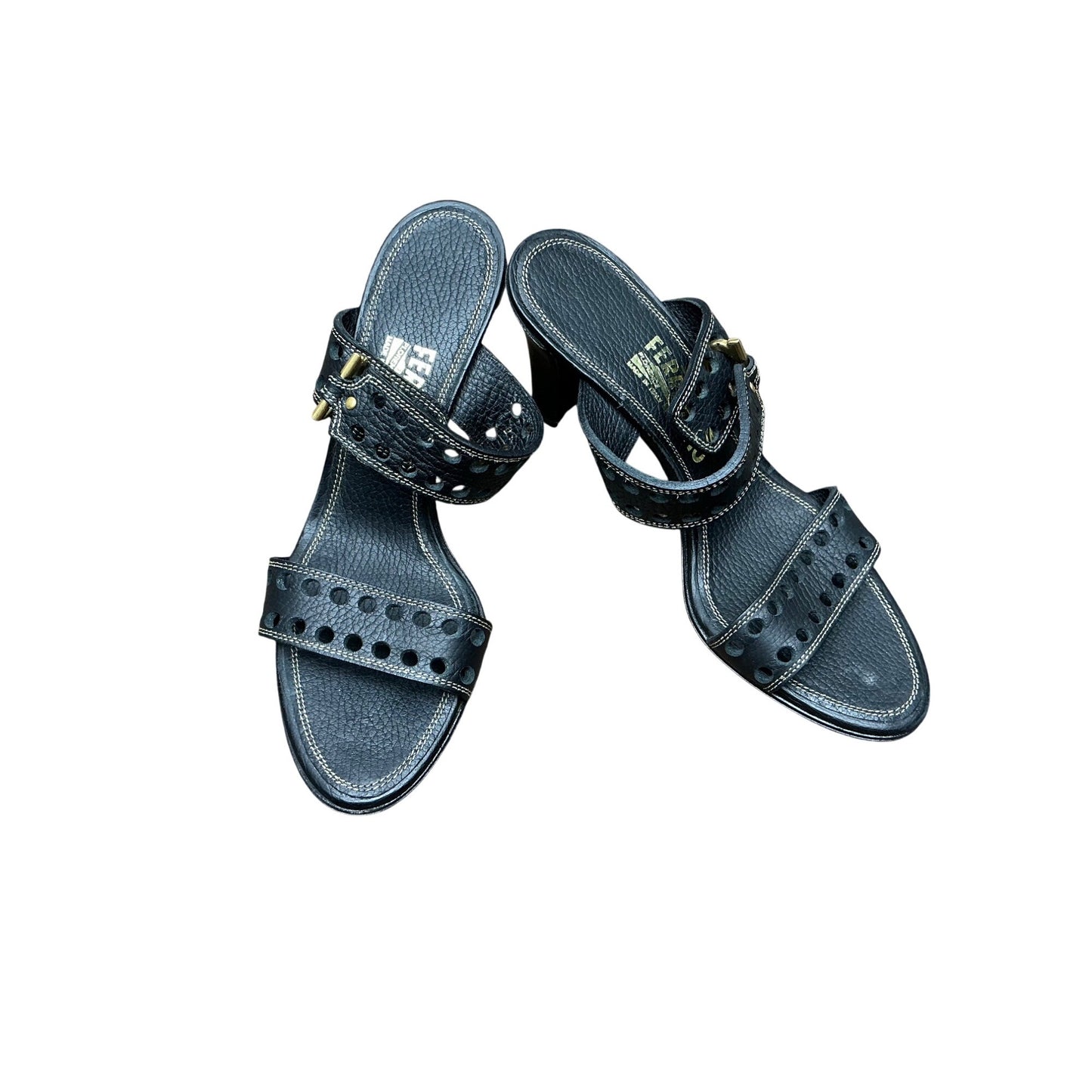 Salvatore Ferragamo Black Leather Studded Heeled Sandals Sz 6.5