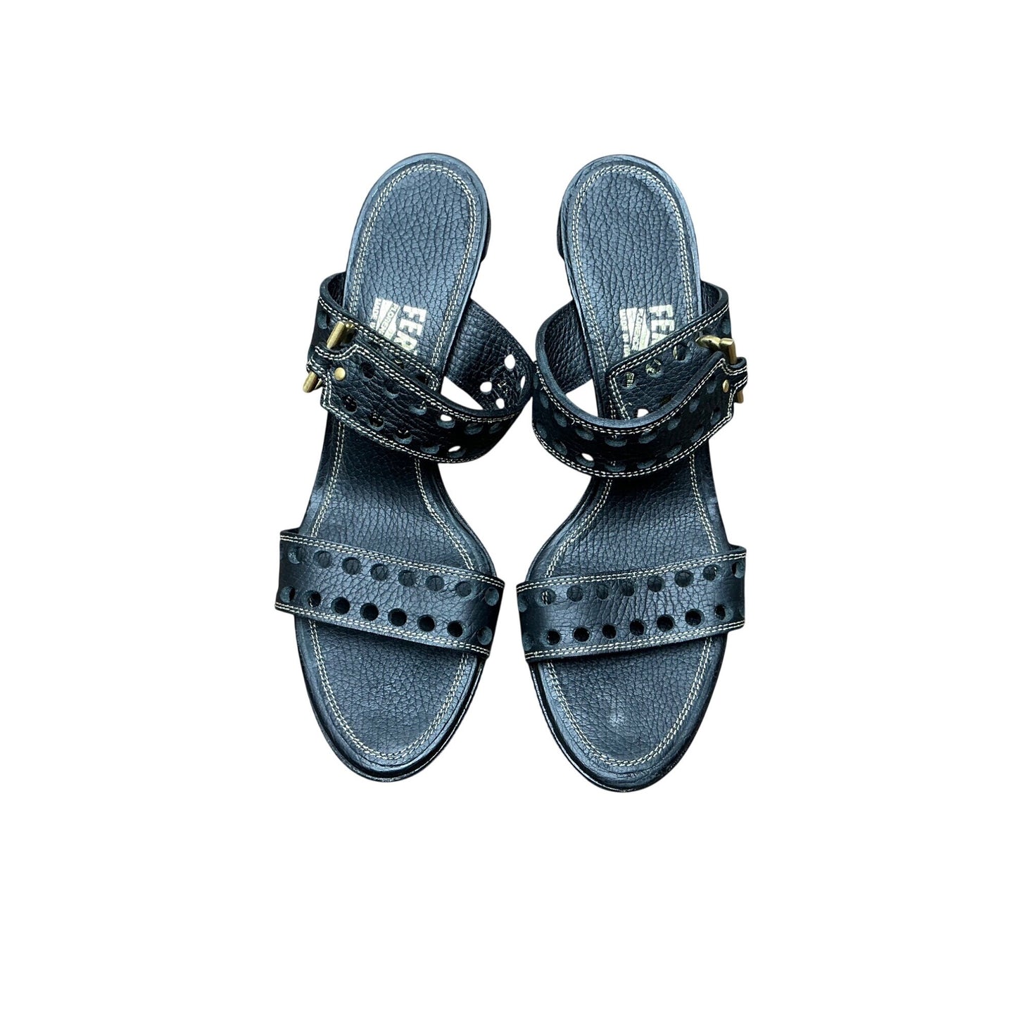 Salvatore Ferragamo Black Leather Studded Heeled Sandals Sz 6.5