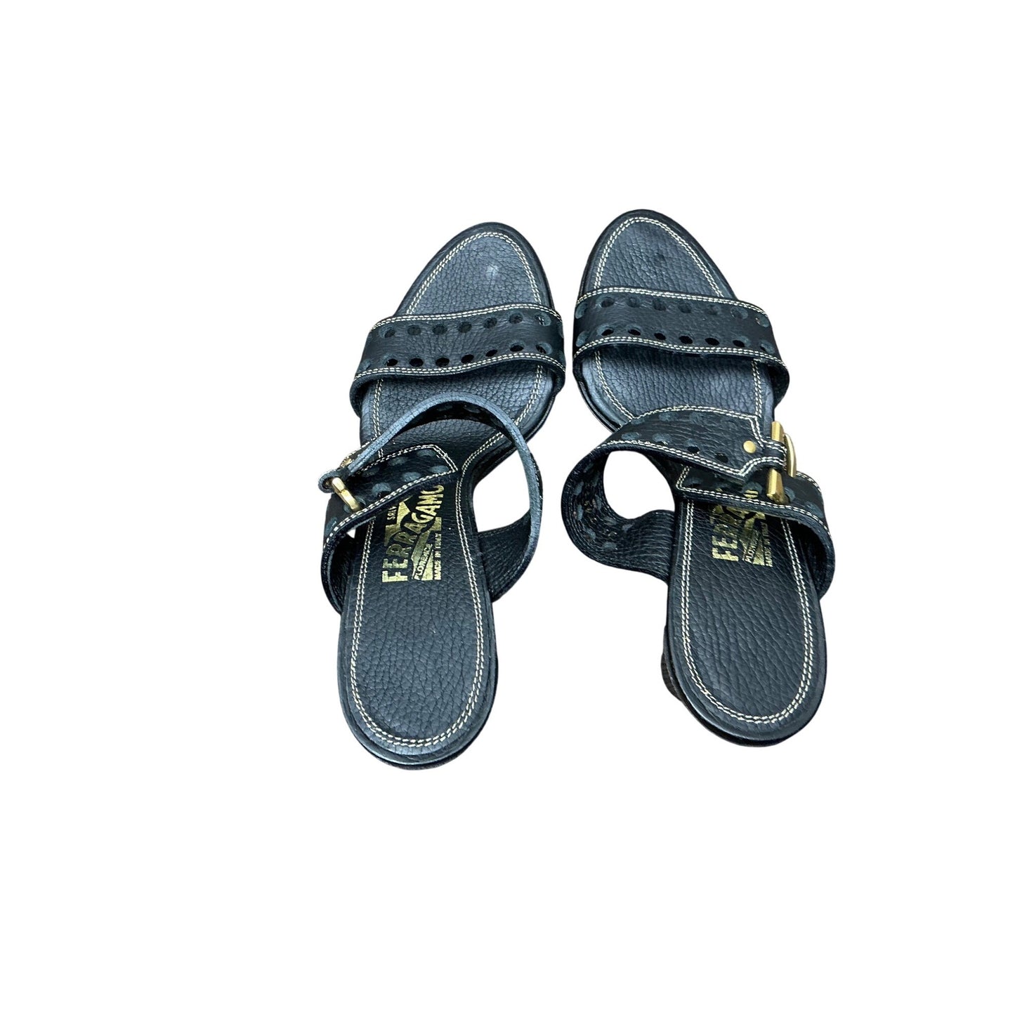 Salvatore Ferragamo Black Leather Studded Heeled Sandals Sz 6.5