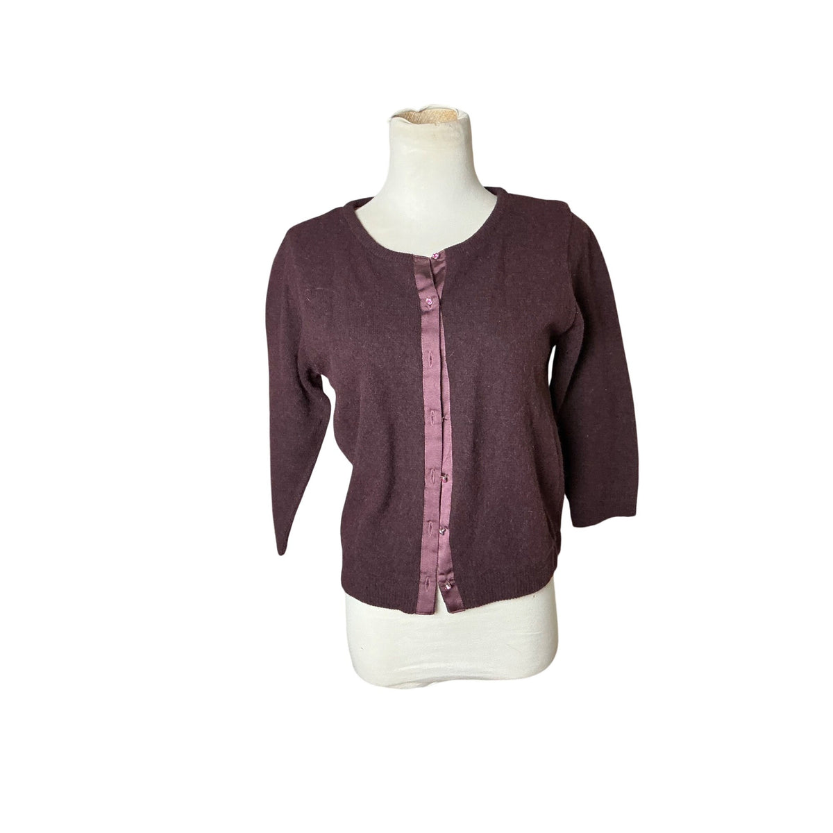 Free People Burgundy Cardigan Sweater 3/4 Sleeve Pink Floral Cuff Detail