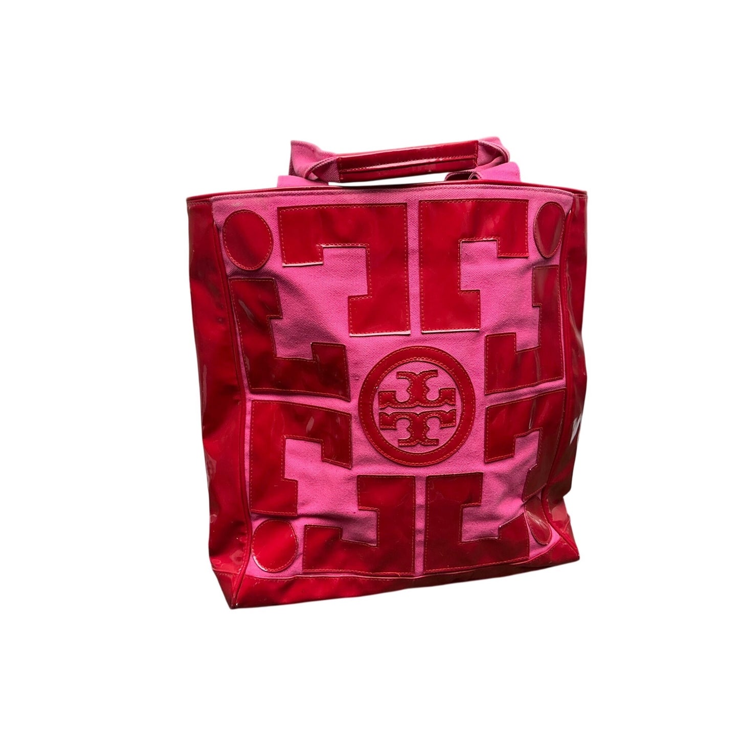 Tory Burch Pink & Red Metallic Logo Tote Bag Large Canvas Shopper Handbag