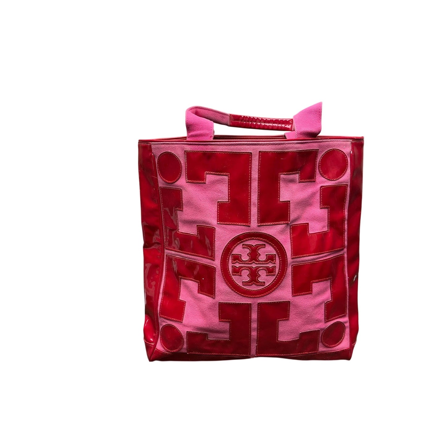 Tory Burch Pink & Red Metallic Logo Tote Bag Large Canvas Shopper Handbag