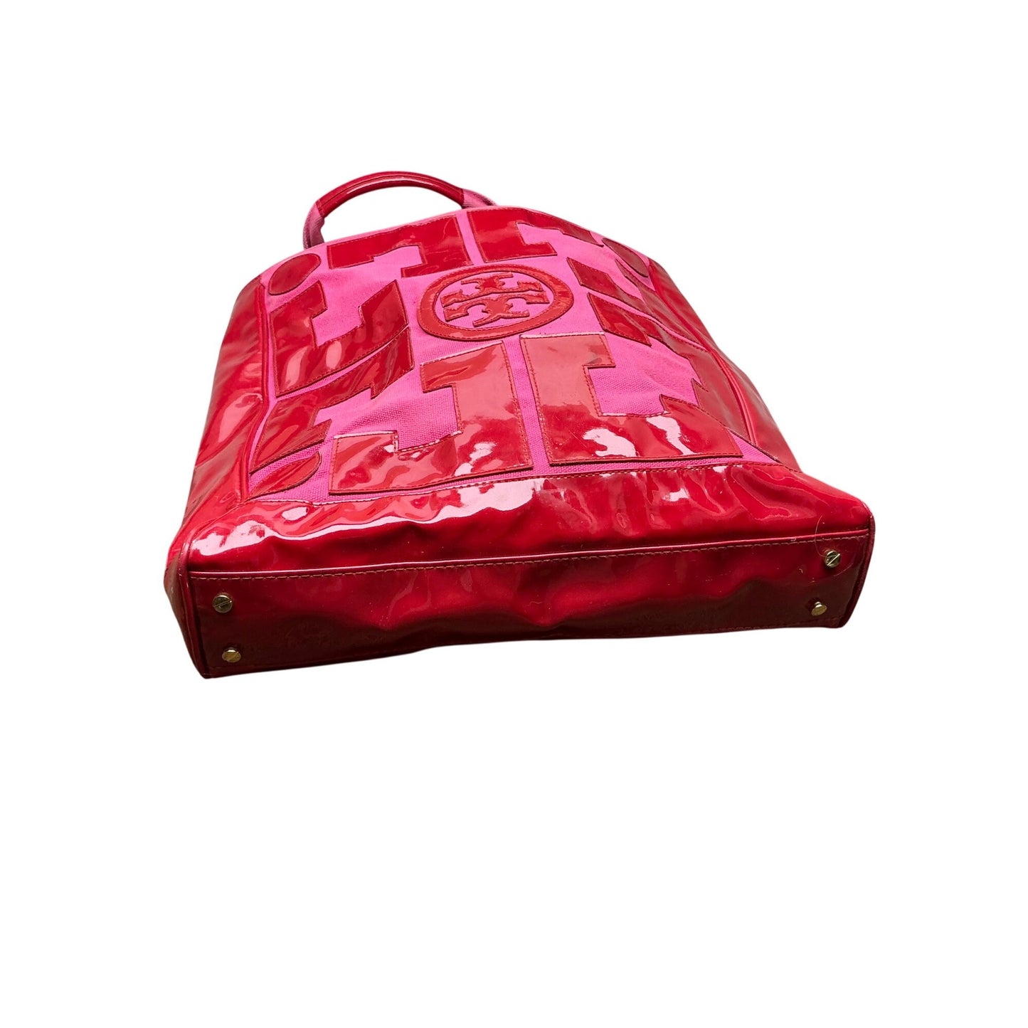 Tory Burch Pink & Red Metallic Logo Tote Bag Large Canvas Shopper Handbag