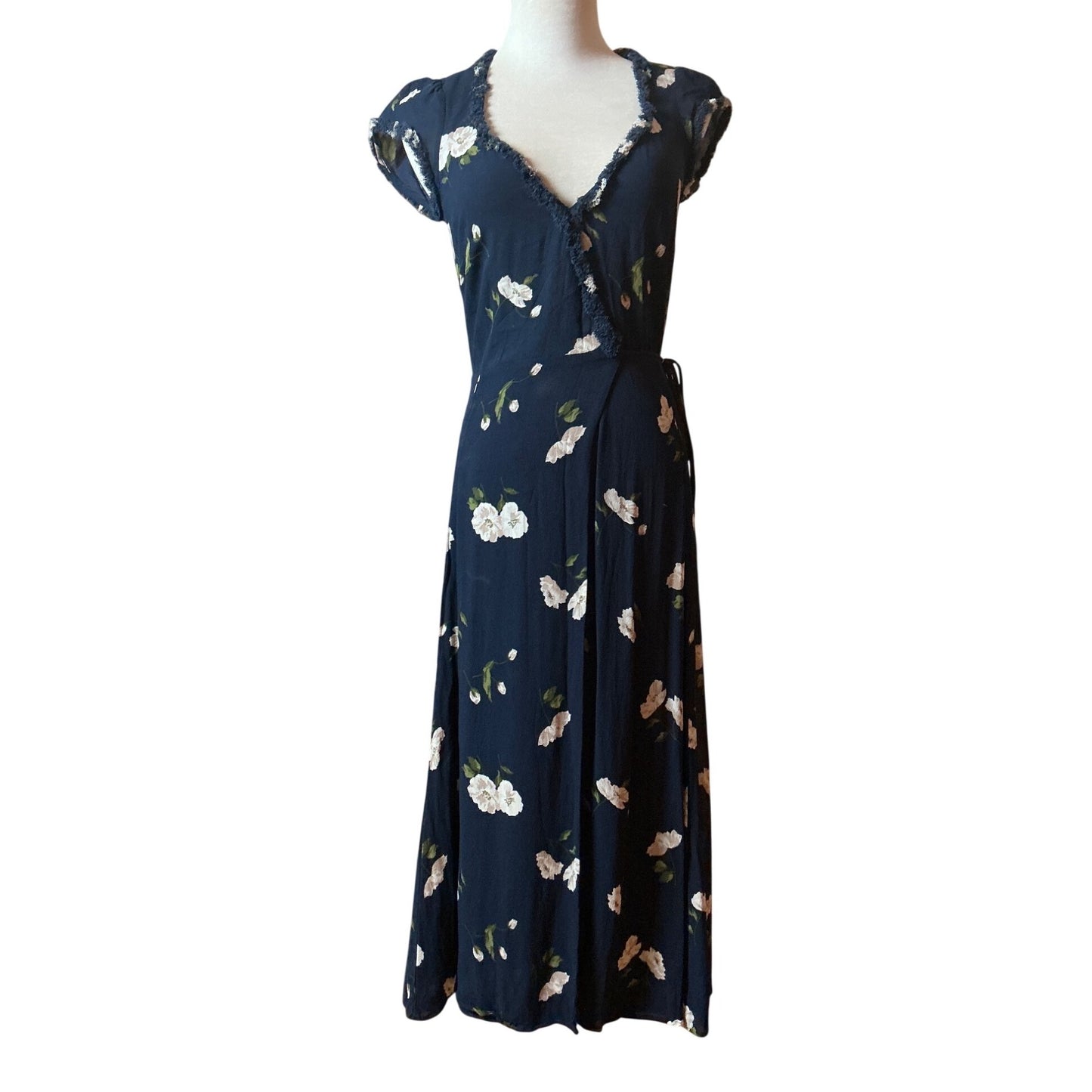 Reformation Navy Floral Midi Dress Wrap Style Feminine Romantic Size 5