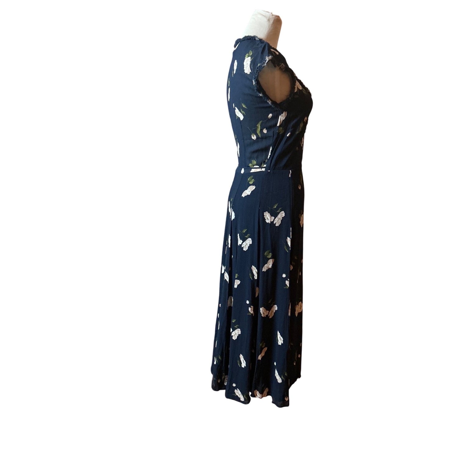 Reformation Navy Floral Midi Dress Wrap Style Feminine Romantic Size 5