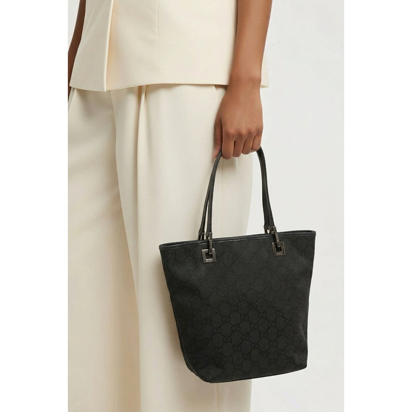 Gucci GG Canvas Tote Black Monogram Shoulder Bag Leather Trim Silver Hardware Authentic