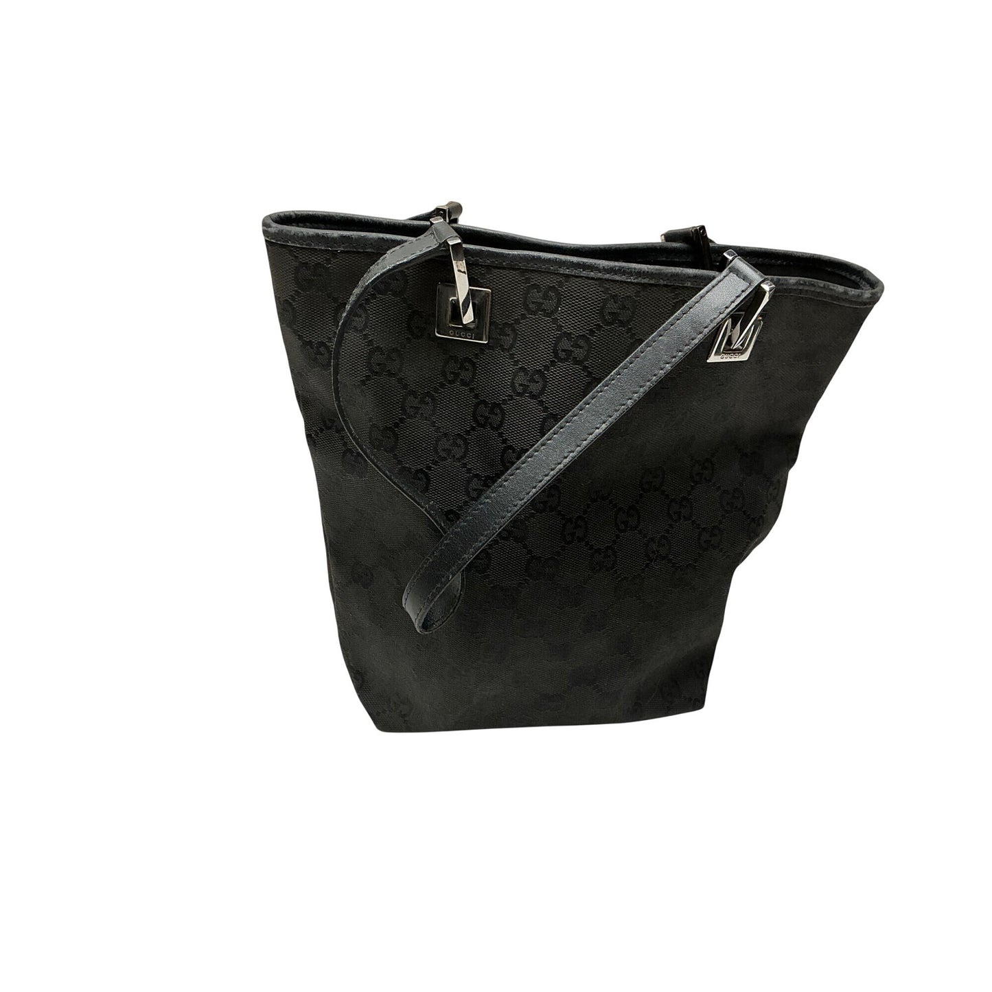 Gucci GG Canvas Tote Black Monogram Shoulder Bag Leather Trim Silver Hardware Authentic