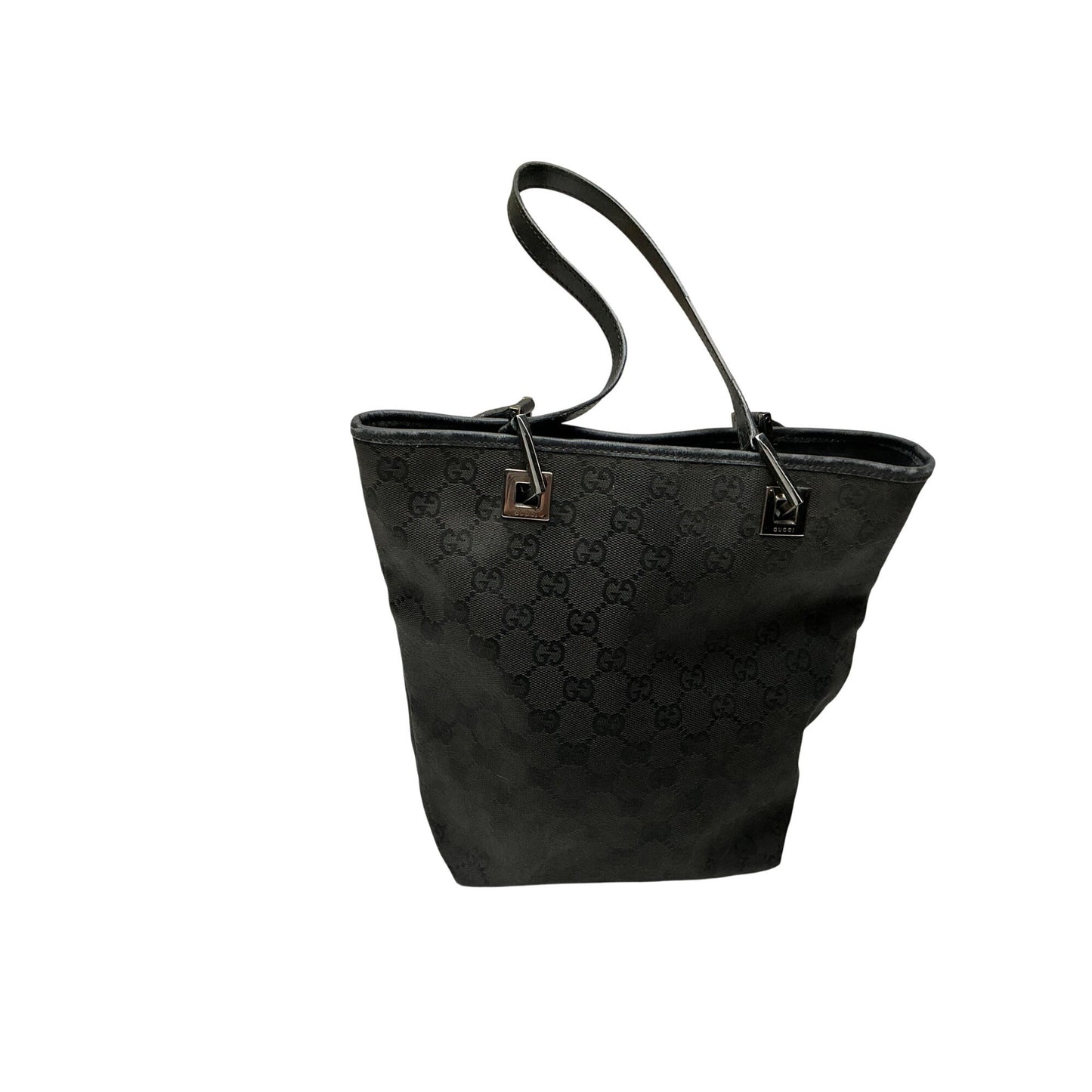 Gucci GG Canvas Tote Black Monogram Shoulder Bag Leather Trim Silver Hardware Authentic