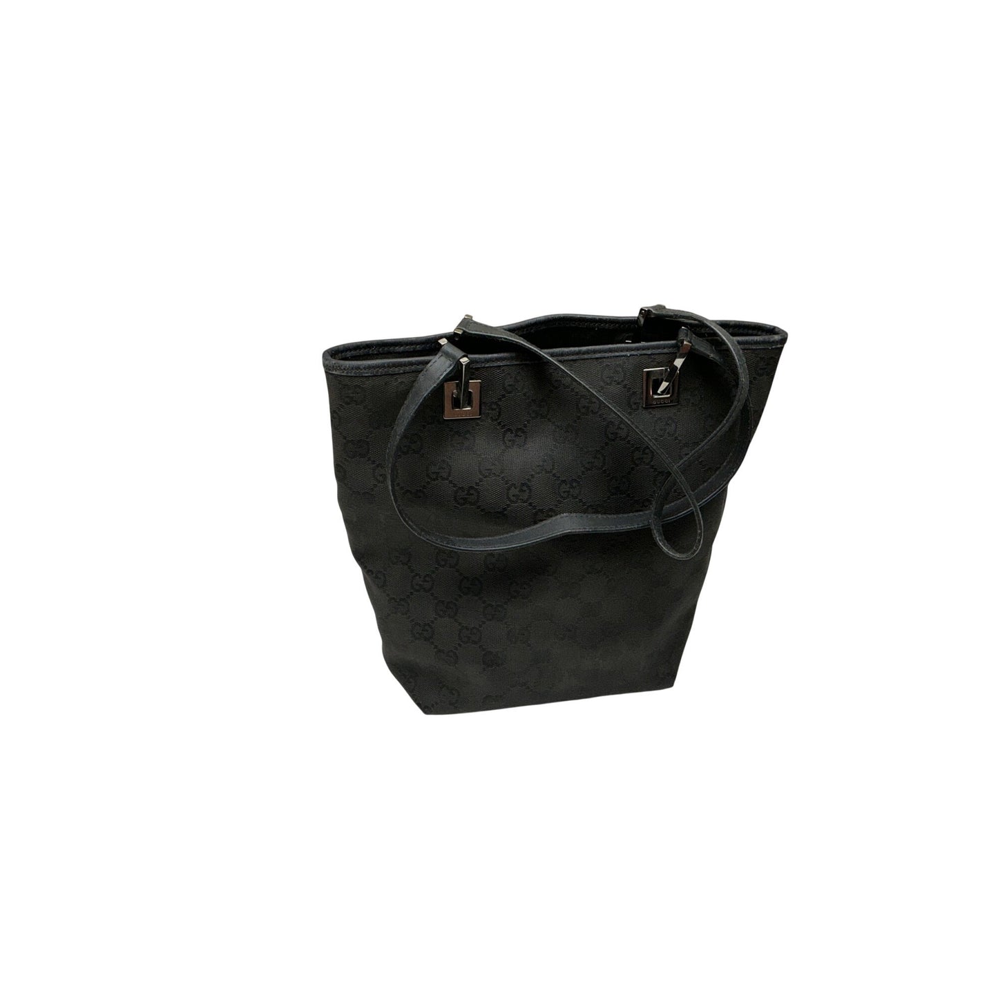 Gucci GG Canvas Tote Black Monogram Shoulder Bag Leather Trim Silver Hardware Authentic