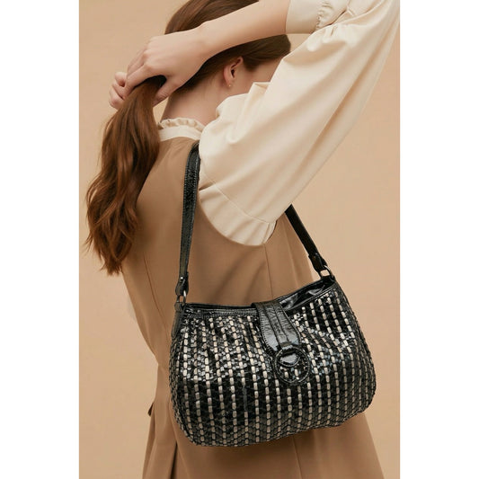 Big Buddha Black Silver Woven Shoulder Bag Slouchy Hobo Patent Trim Large