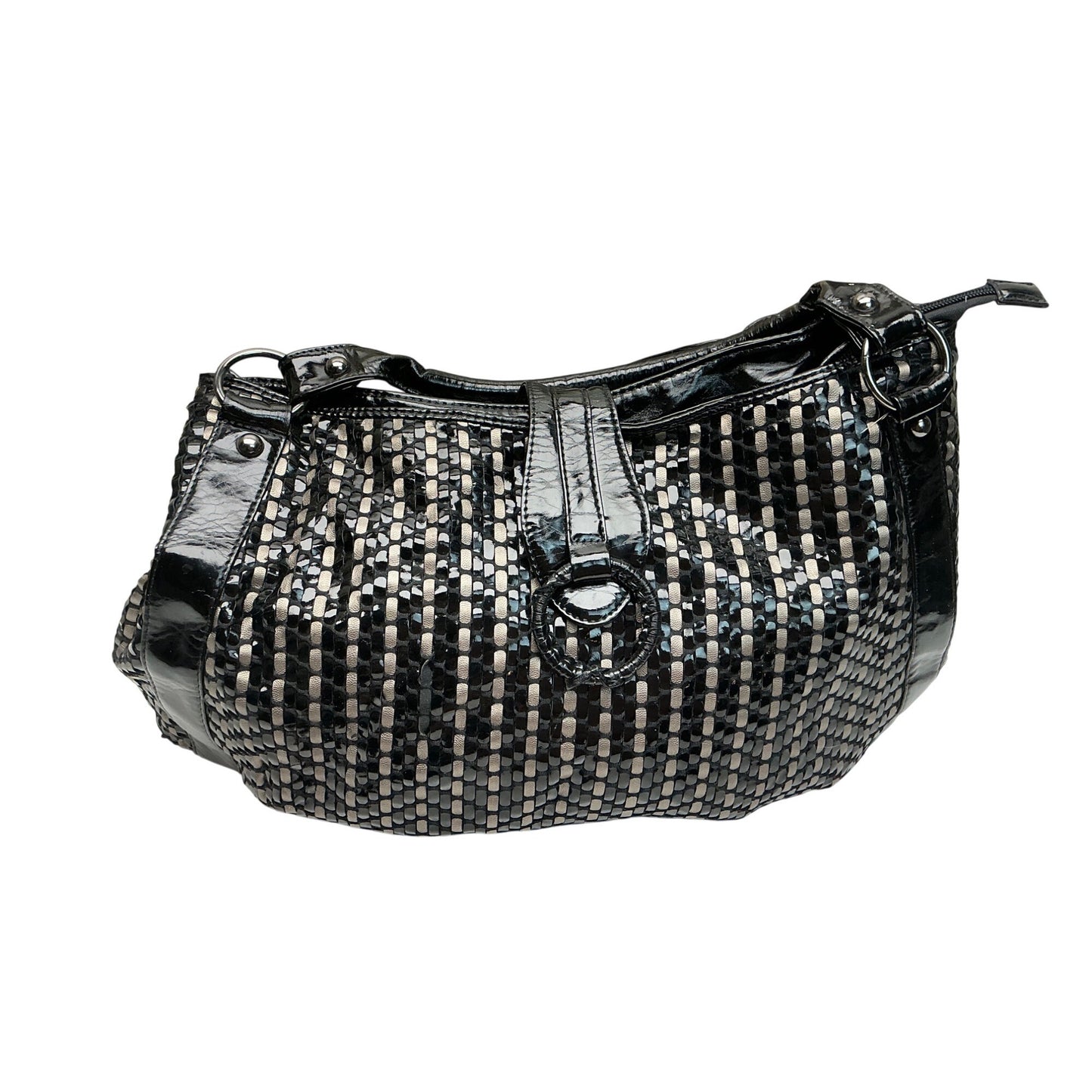 Big Buddha Black Silver Woven Shoulder Bag Slouchy Hobo Patent Trim Large