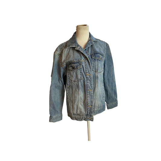 Free People Studded Denim Jacket Distressed Light Wash Boho Western Oversized XS