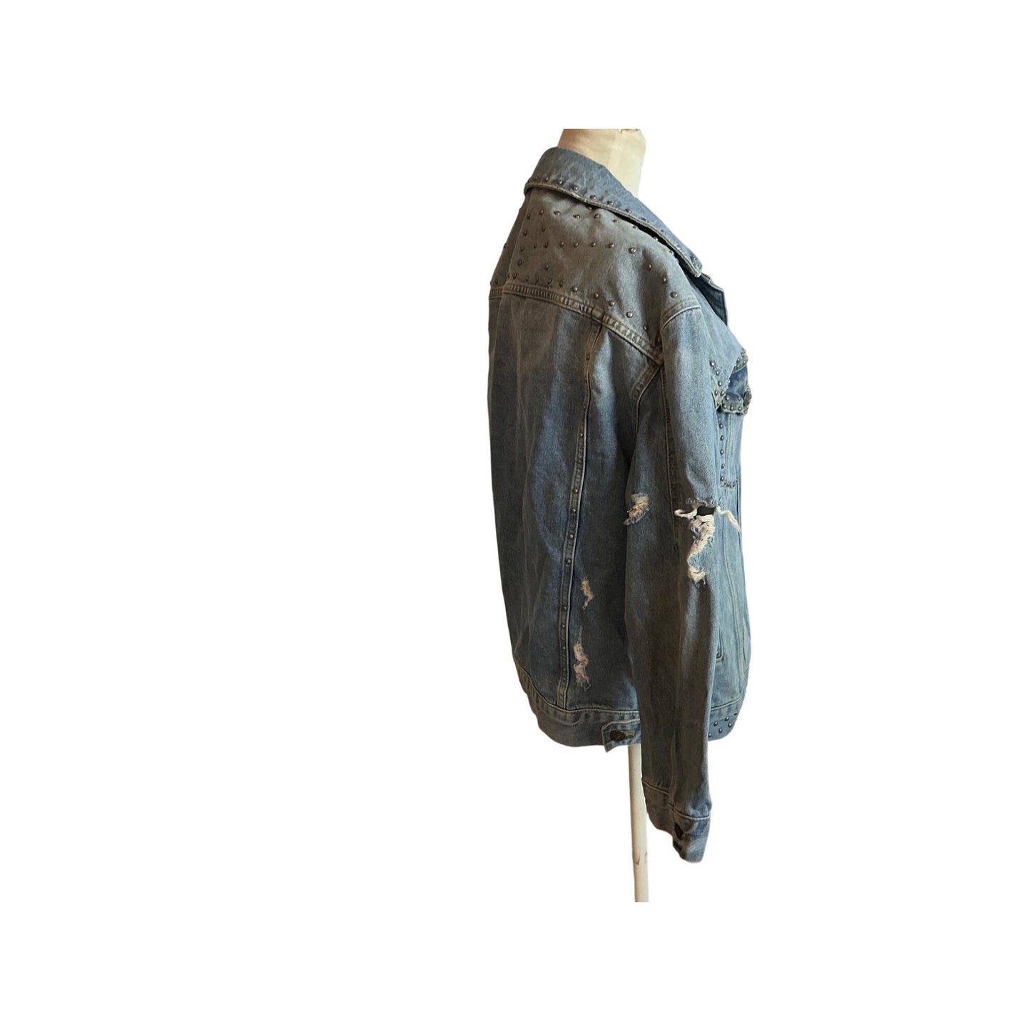 Free People Studded Denim Jacket Distressed Light Wash Boho Western Oversized XS