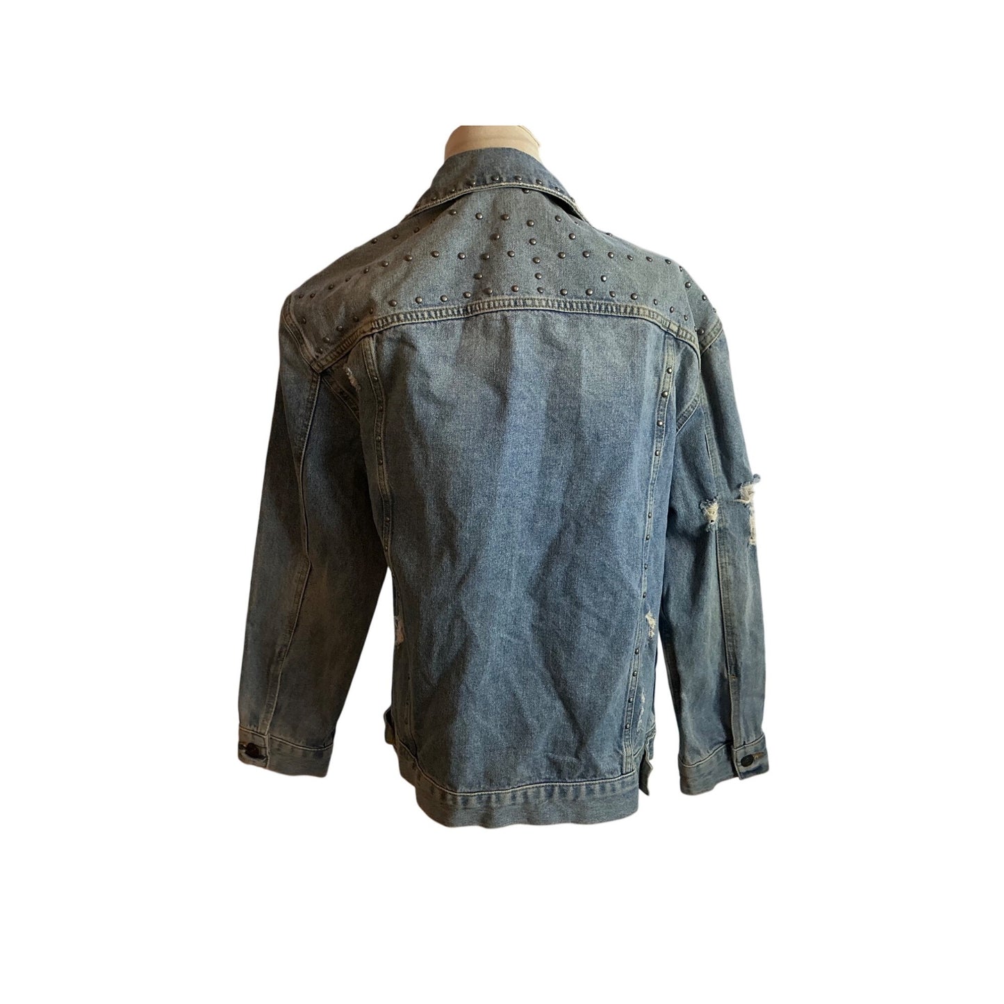 Free People Studded Denim Jacket Distressed Light Wash Boho Western Oversized XS