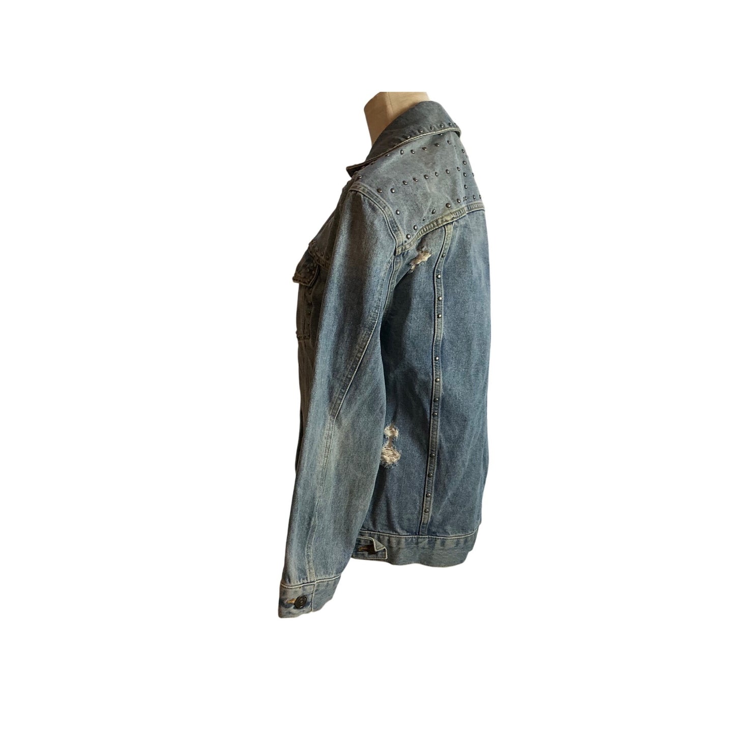Free People Studded Denim Jacket Distressed Light Wash Boho Western Oversized XS