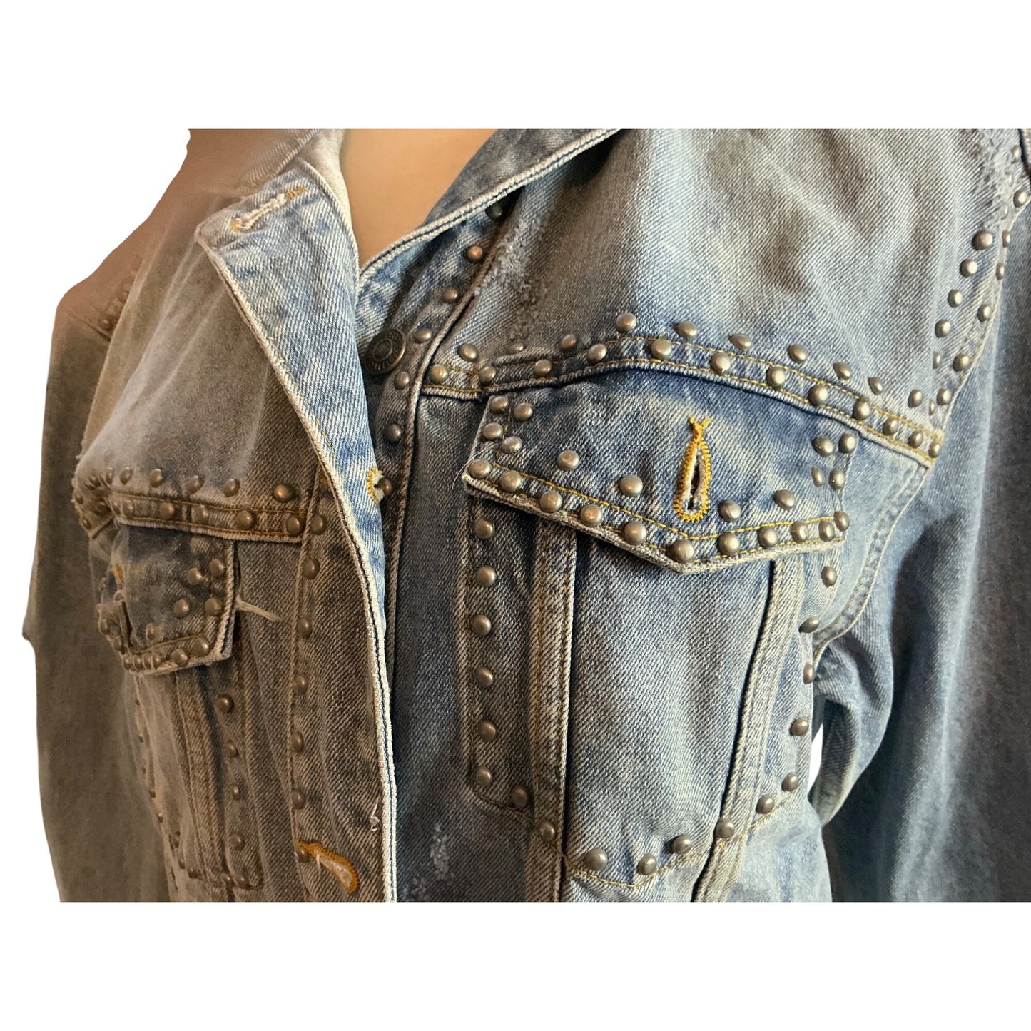 Free People Studded Denim Jacket Distressed Light Wash Boho Western Oversized XS