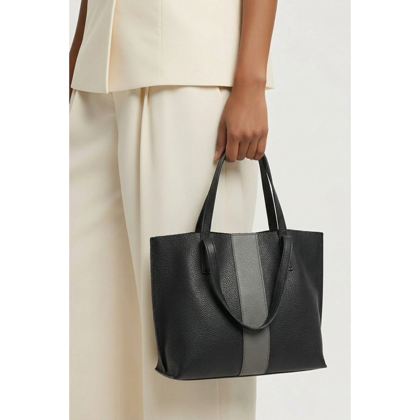 Vince Camuto Black Gray Leather Tote Bag Minimalist Work Tote Large Handbag NWT