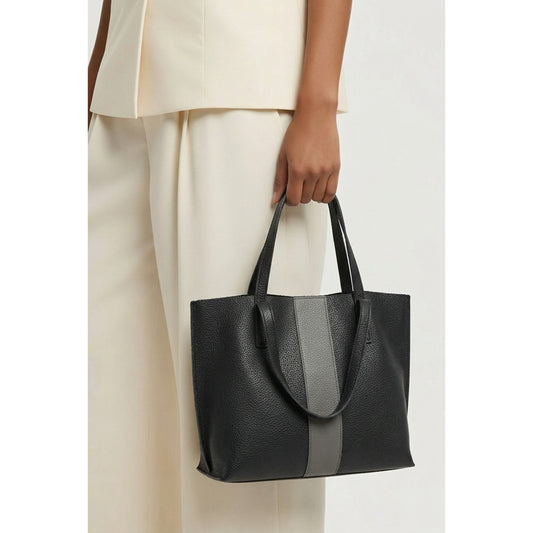 Vince Camuto Black Gray Leather Tote Bag Minimalist Work Tote Large Handbag NWT